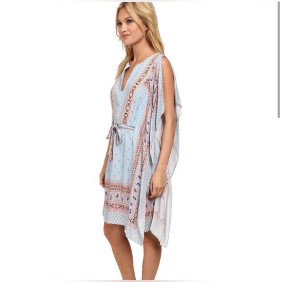 BCBGmaxazria Alexi Blue Peach Combo Print Kaftan Mini Dress Summer Resortwear S - Picture 3 of 11